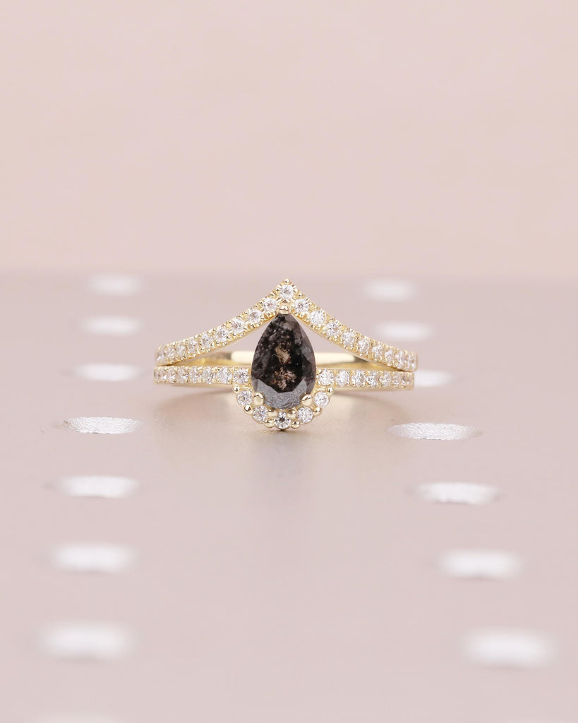 Art Deco Diamond Engagement Ring, 14k Yellow Gold Halo Salt and Pepper Ring, Promise Ring Set, Lab Diamond Chevron Band, Bridal Jewelry image #14