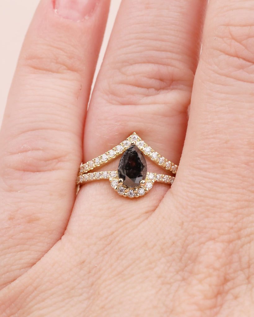Art Deco Diamond Engagement Ring, 14k Yellow Gold Halo Salt and Pepper Ring, Promise Ring Set, Lab Diamond Chevron Band, Bridal Jewelry image #13