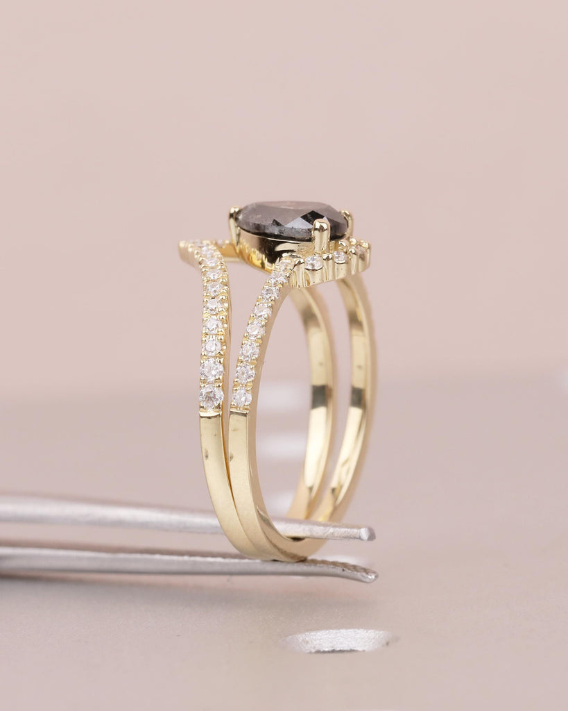 Art Deco Diamond Engagement Ring, 14k Yellow Gold Halo Salt and Pepper Ring, Promise Ring Set, Lab Diamond Chevron Band, Bridal Jewelry image #5