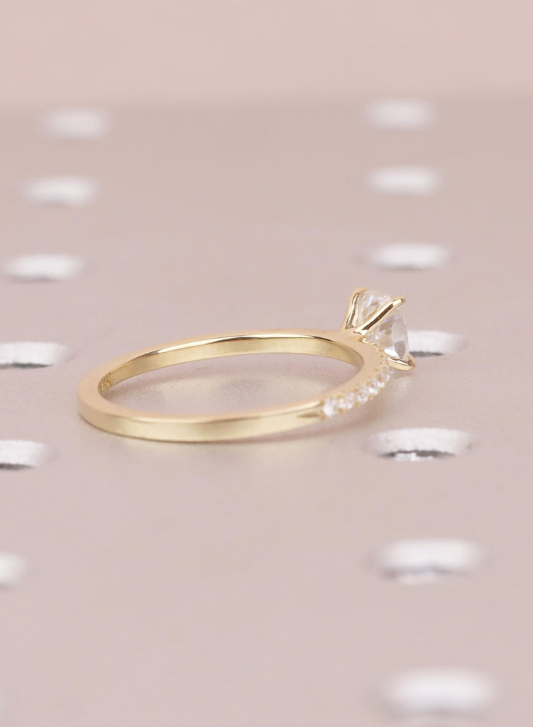 14K Solid Gold Engagement Ring, Cushion cut Moissanite, Minimalist Diamond Gold Pave Band image #4