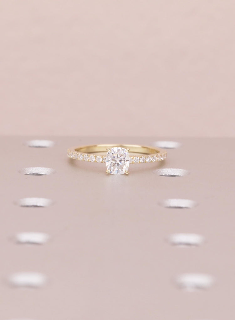 Minimalist Ring For Women, Lab Diamond Engagement Ring, Dainty Yellow Gold Pave Diamond Band image #4