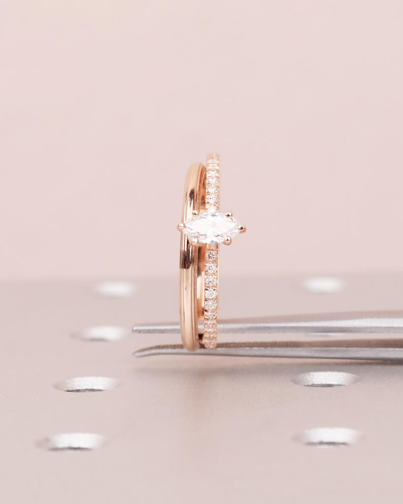 Unique Rose Gold Bridal Ring Set: Marquise Moissanite Engagement Ring, Thin Gold Wedding Band, Stackable Rings, Dainty Promise Ring Set image #8