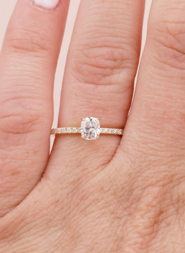 14K Solid Gold Engagement Ring, Cushion cut Moissanite, Minimalist Diamond Gold Pave Band image #1