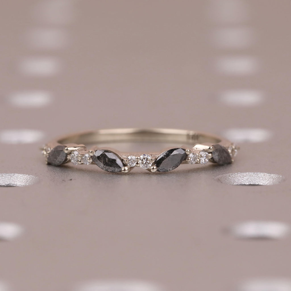 14k White Gold Thin Wedding Band | Marquise, Round cut Diamond Simple Promise Ring | Vintage Wedding Anniversary Gift for Her image #2