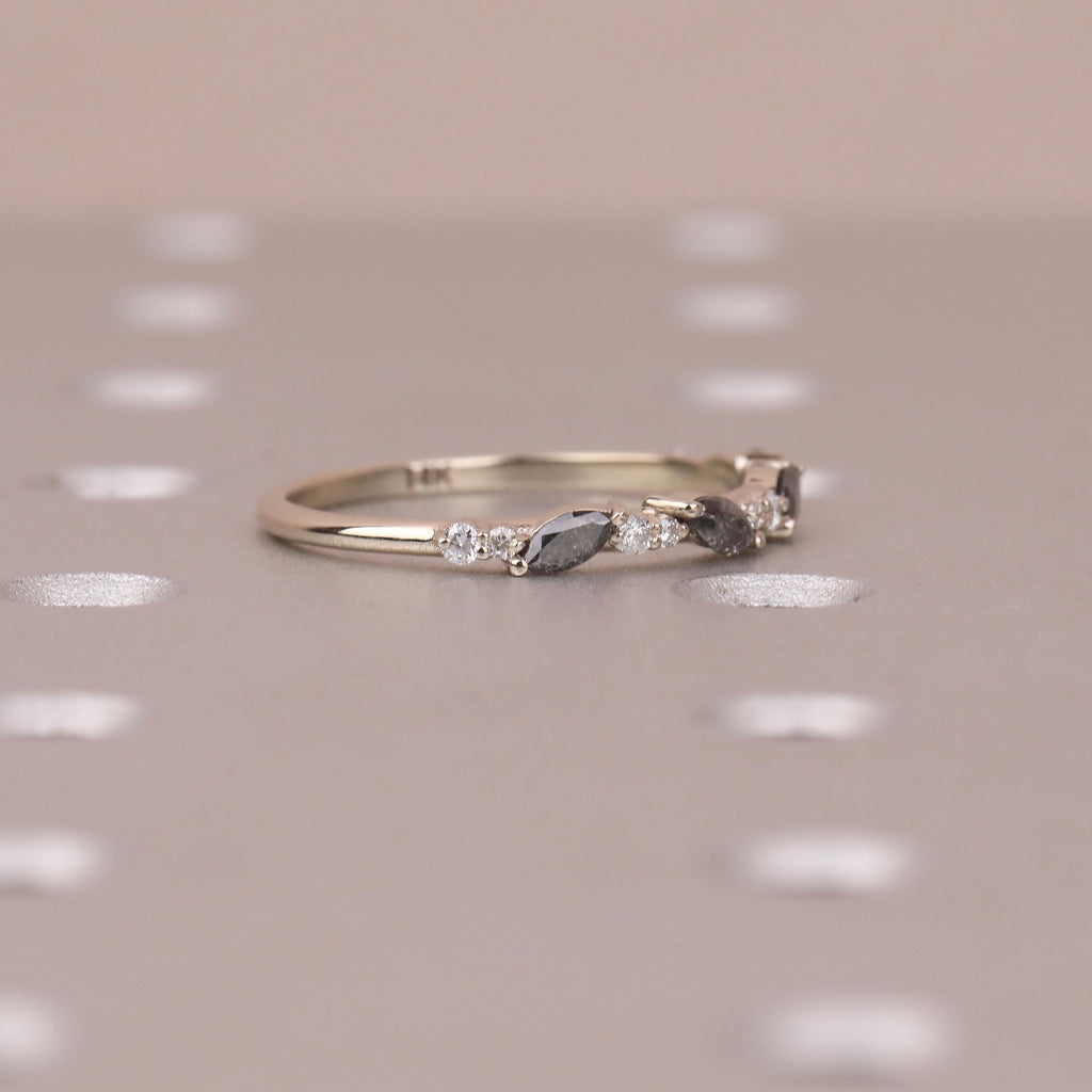 Natural Diamond Cluster Art Deco Wedding Ring for Women | Marquise Salt and Pepper Diamond Ring | Stackable Gold Ring | Minimalist Jewelry image #8
