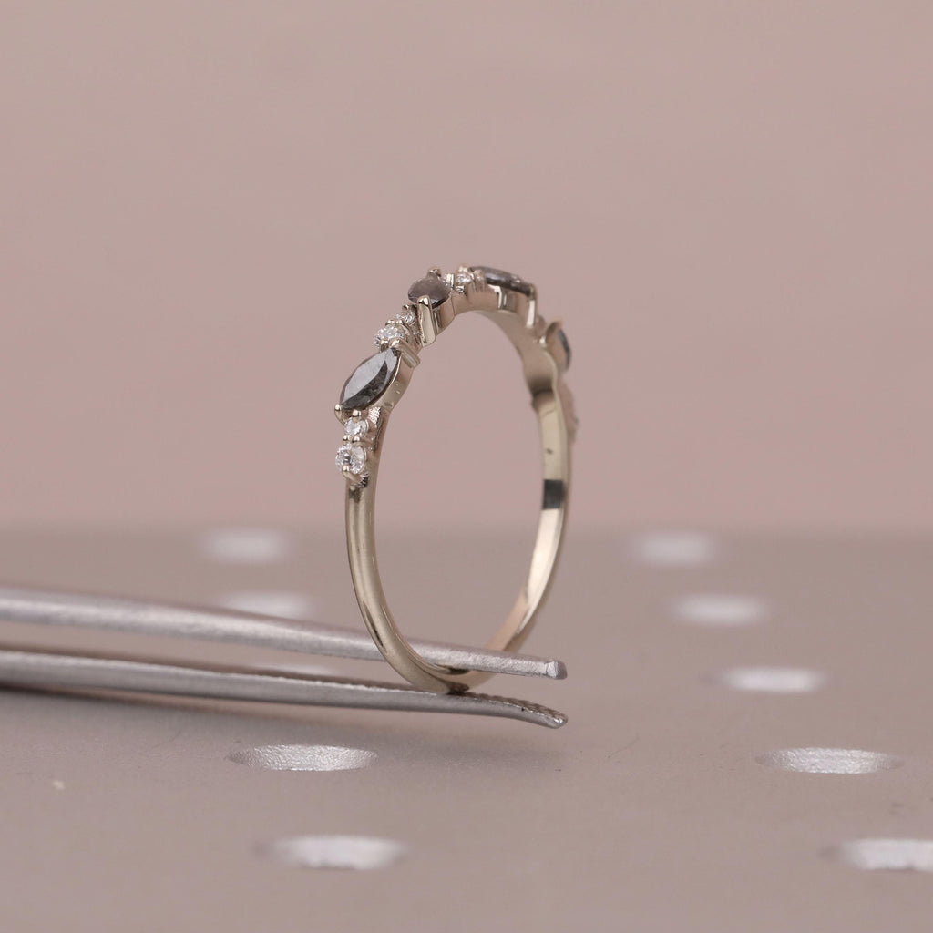 Natural Diamond Cluster Art Deco Wedding Ring for Women | Marquise Salt and Pepper Diamond Ring | Stackable Gold Ring | Minimalist Jewelry image #11