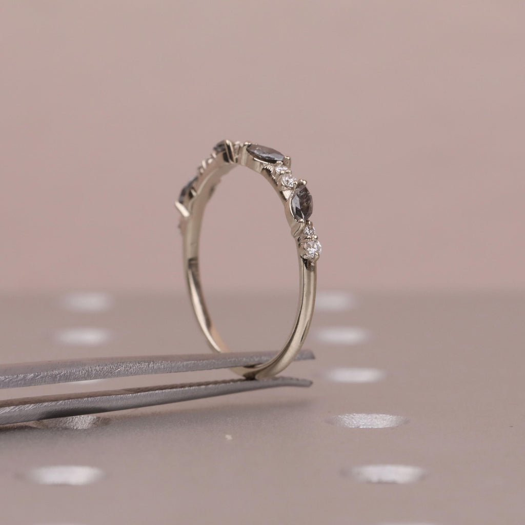 Natural Diamond Cluster Art Deco Wedding Ring for Women | Marquise Salt and Pepper Diamond Ring | Stackable Gold Ring | Minimalist Jewelry image #6