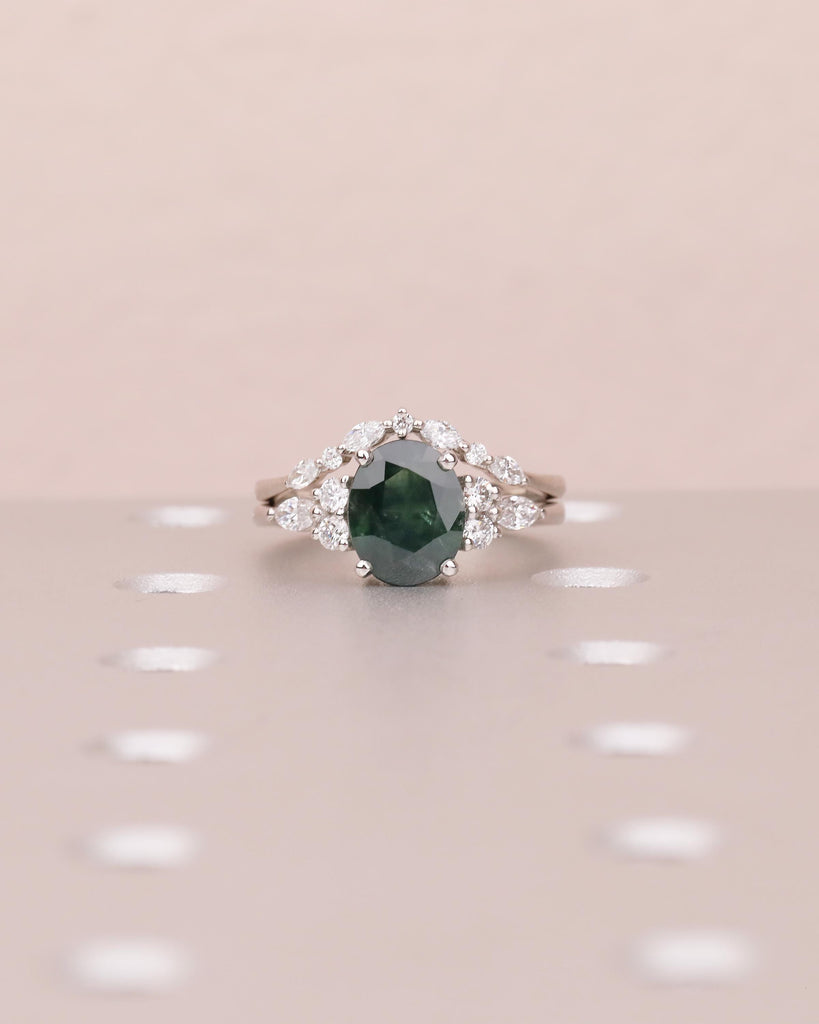 Oval Peacock Sapphire Ring Set, Vintage Engagement Ring with Diamond Accent image #3
