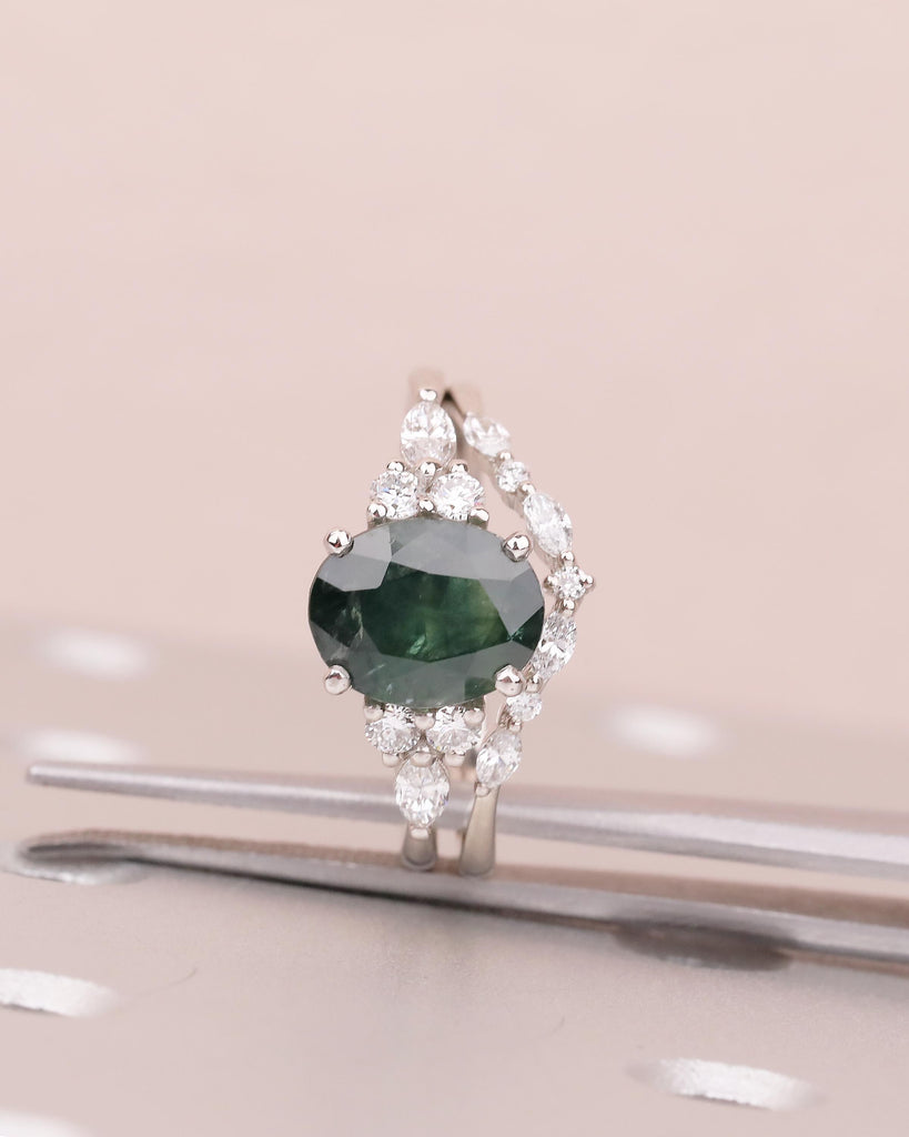 Teal Sapphire Ring, Oval Engagement Ring, Cocktail Ring, 14k Gold Round, Marquise Lab Diamond Cluster Ring, Bridal Jewelry, Promise Ring Set image #11