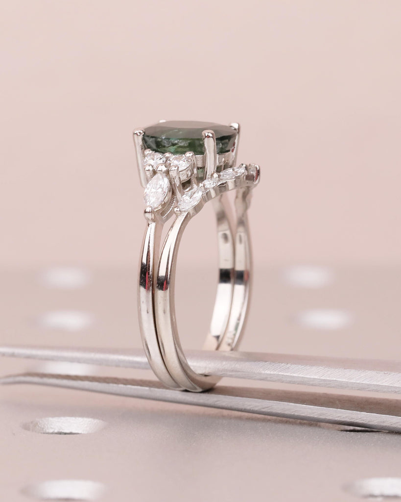 2ct Teal Sapphire Engagement Ring, Art Deco 14k Gold Bridal Set, Green Gemstone Ring image #11