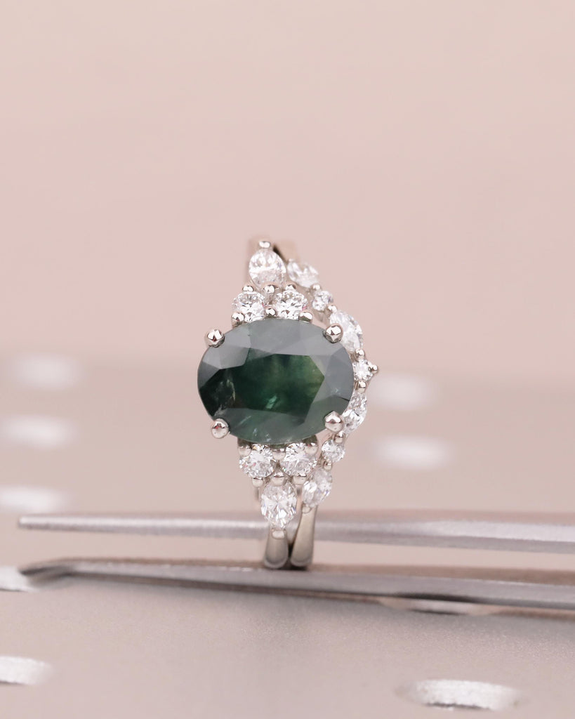2ct Teal Sapphire Engagement Ring, Art Deco 14k Gold Bridal Set, Green Gemstone Ring image #5