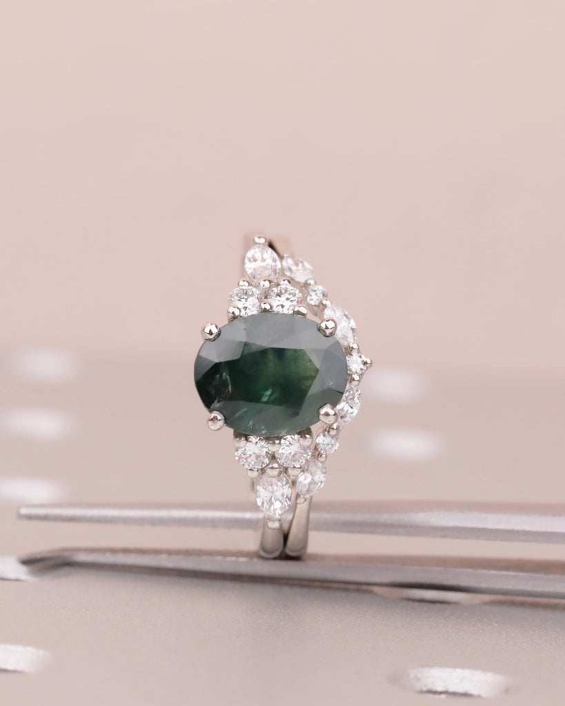 Oval Peacock Sapphire Ring Set, Vintage Engagement Ring with Diamond Accent image #11
