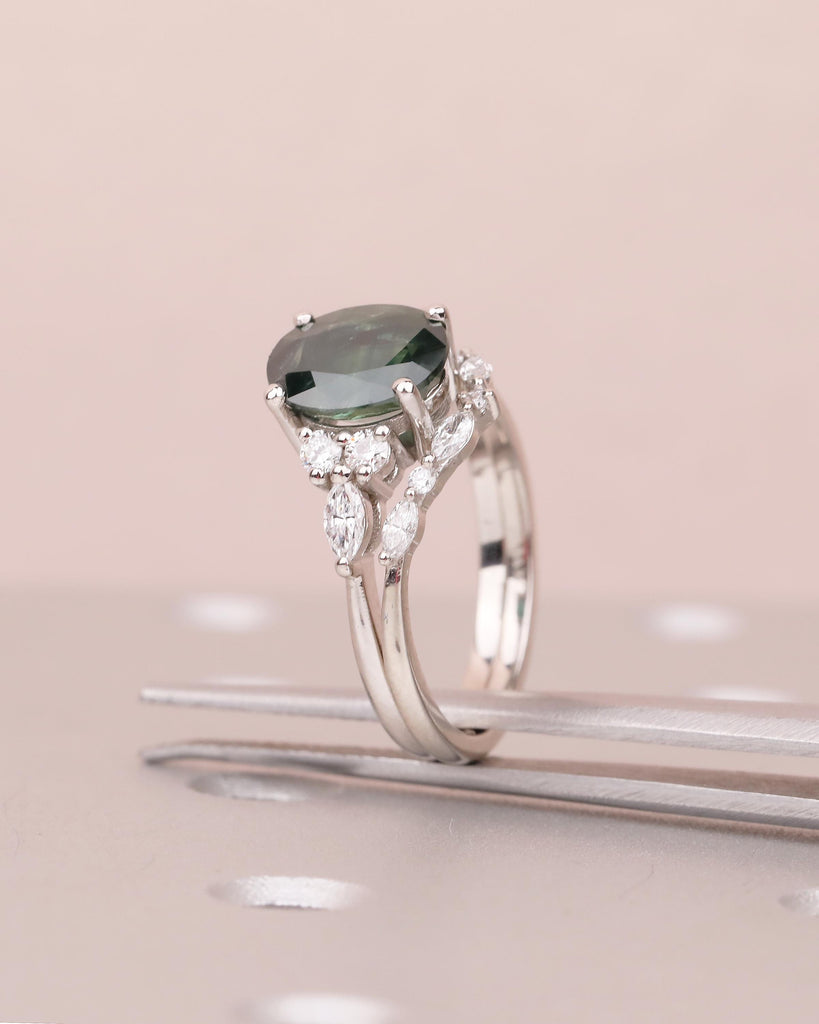 Teal Sapphire Ring, Oval Engagement Ring, Cocktail Ring, 14k Gold Round, Marquise Lab Diamond Cluster Ring, Bridal Jewelry, Promise Ring Set image #5