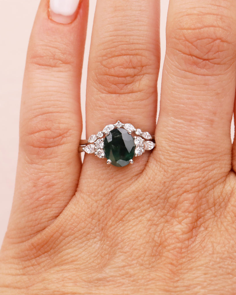 2ct Teal Sapphire Engagement Ring, Art Deco 14k Gold Bridal Set, Green Gemstone Ring image #12