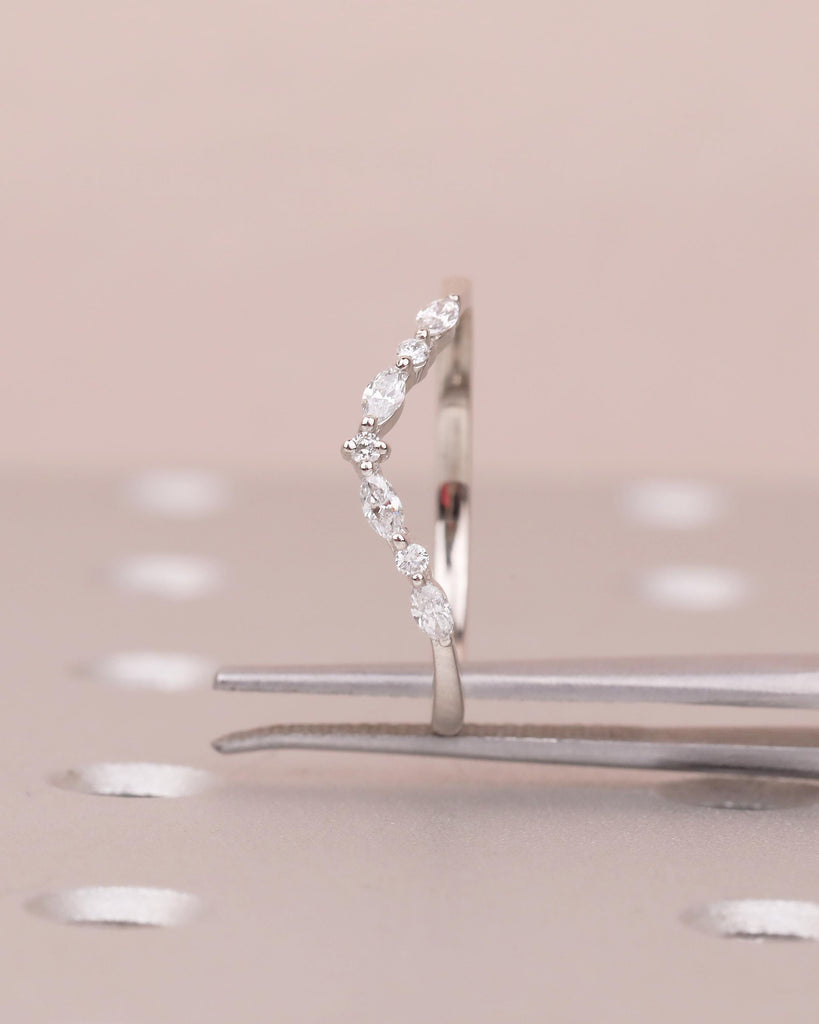 Diamond Wedding Band, Dainty 14k White Gold Stacking Ring, Round, Marquise Matching Ring, Women Wedding Band, Minimalist Bridal Jewelry image #3