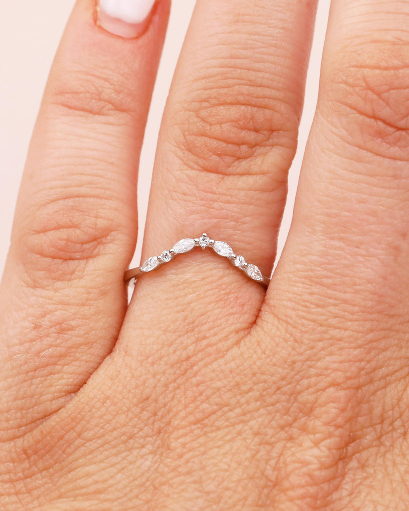 Diamond Wedding Band, Dainty 14k White Gold Stacking Ring, Round, Marquise Matching Ring, Women Wedding Band, Minimalist Bridal Jewelry image #10