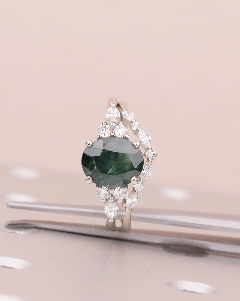 Oval Peacock Sapphire Ring Set, Vintage Engagement Ring with Diamond Accent image #2