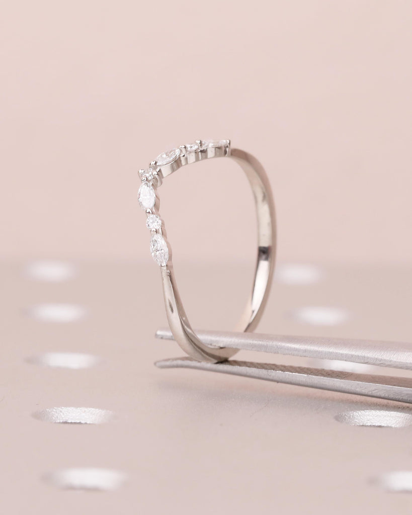Diamond Wedding Band, Dainty 14k White Gold Stacking Ring, Round, Marquise Matching Ring, Women Wedding Band, Minimalist Bridal Jewelry image #13