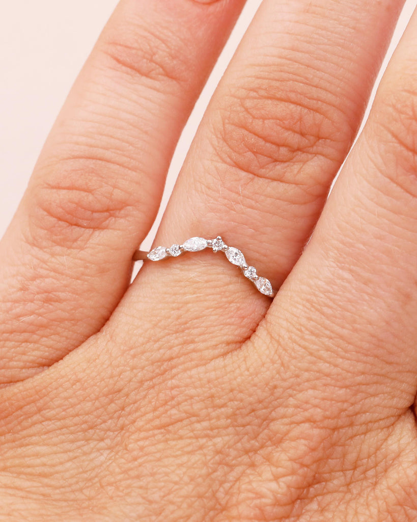 Diamond Wedding Band, Dainty 14k White Gold Stacking Ring, Round, Marquise Matching Ring, Women Wedding Band, Minimalist Bridal Jewelry image #2