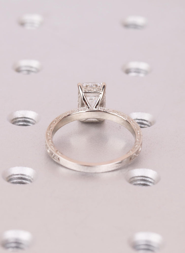 Filigree Vintage Engagement Ring: Certified Lab Created Diamond Ring, 14K White Gold, Emerald Cut Ring image #6