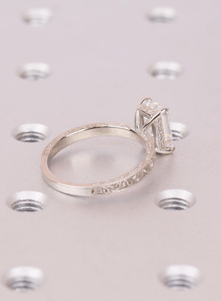 East West Emerald Cut Engagement Ring, Vintage Filigree White Gold Ring, Art Deco Lab Grown Diamond Anniversary Ring, Antique Ring for Her image #4