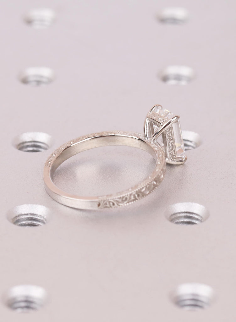 Filigree Vintage Engagement Ring: Certified Lab Created Diamond Ring, 14K White Gold, Emerald Cut Ring image #5