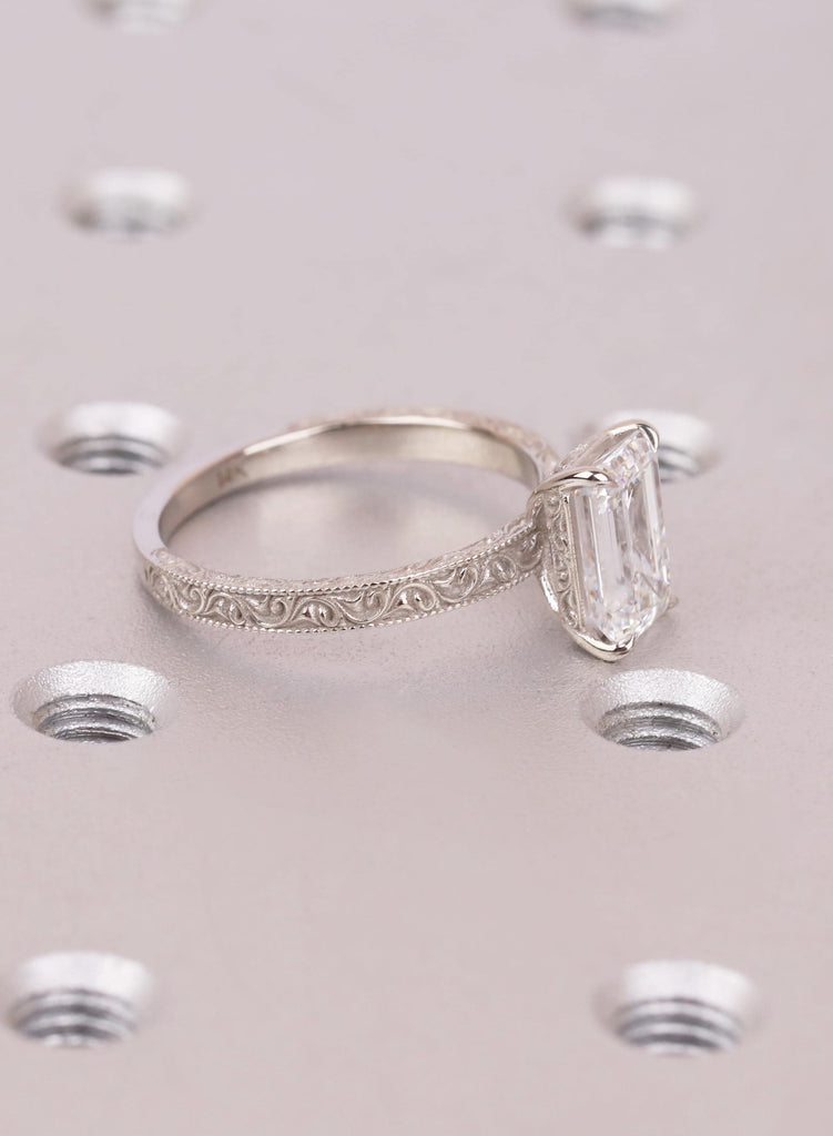 East West Emerald Cut Engagement Ring, Vintage Filigree White Gold Ring, Art Deco Lab Grown Diamond Anniversary Ring, Antique Ring for Her image #3