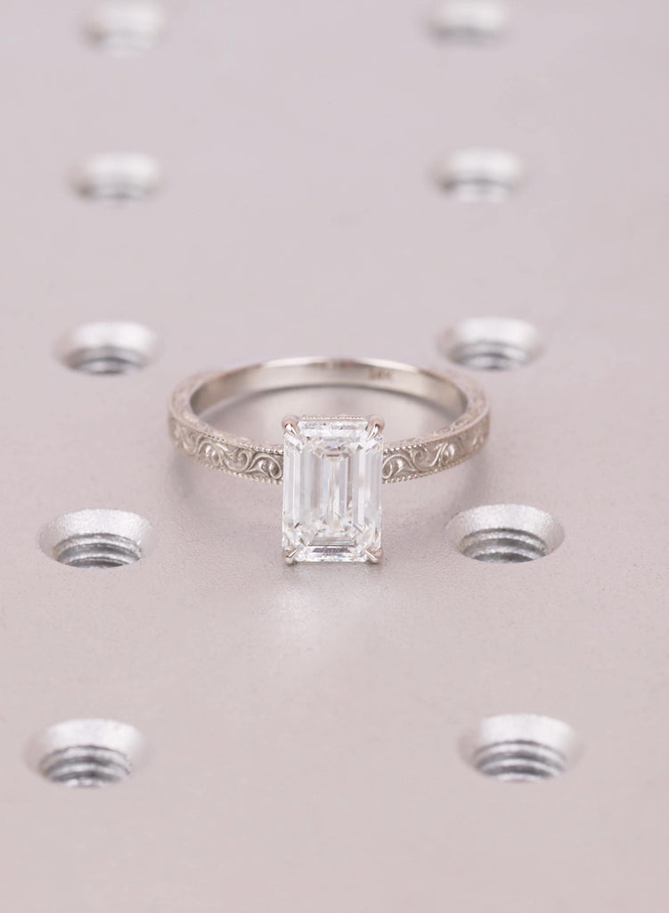 East West Emerald Cut Engagement Ring, Vintage Filigree White Gold Ring, Art Deco Lab Grown Diamond Anniversary Ring, Antique Ring for Her image #2