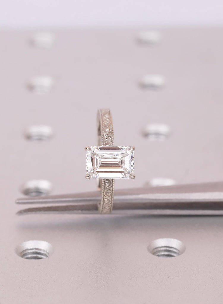 East West Emerald Cut Engagement Ring, Vintage Filigree White Gold Ring, Art Deco Lab Grown Diamond Anniversary Ring, Antique Ring for Her image #7