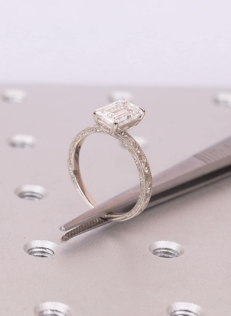 East West Emerald Cut Engagement Ring, Vintage Filigree White Gold Ring, Art Deco Lab Grown Diamond Anniversary Ring, Antique Ring for Her image #8