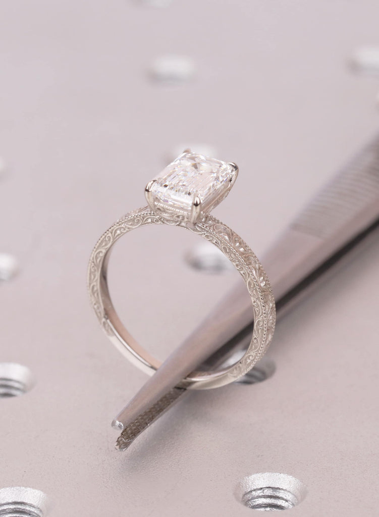 East West Emerald Cut Engagement Ring, Vintage Filigree White Gold Ring, Art Deco Lab Grown Diamond Anniversary Ring, Antique Ring for Her image #10