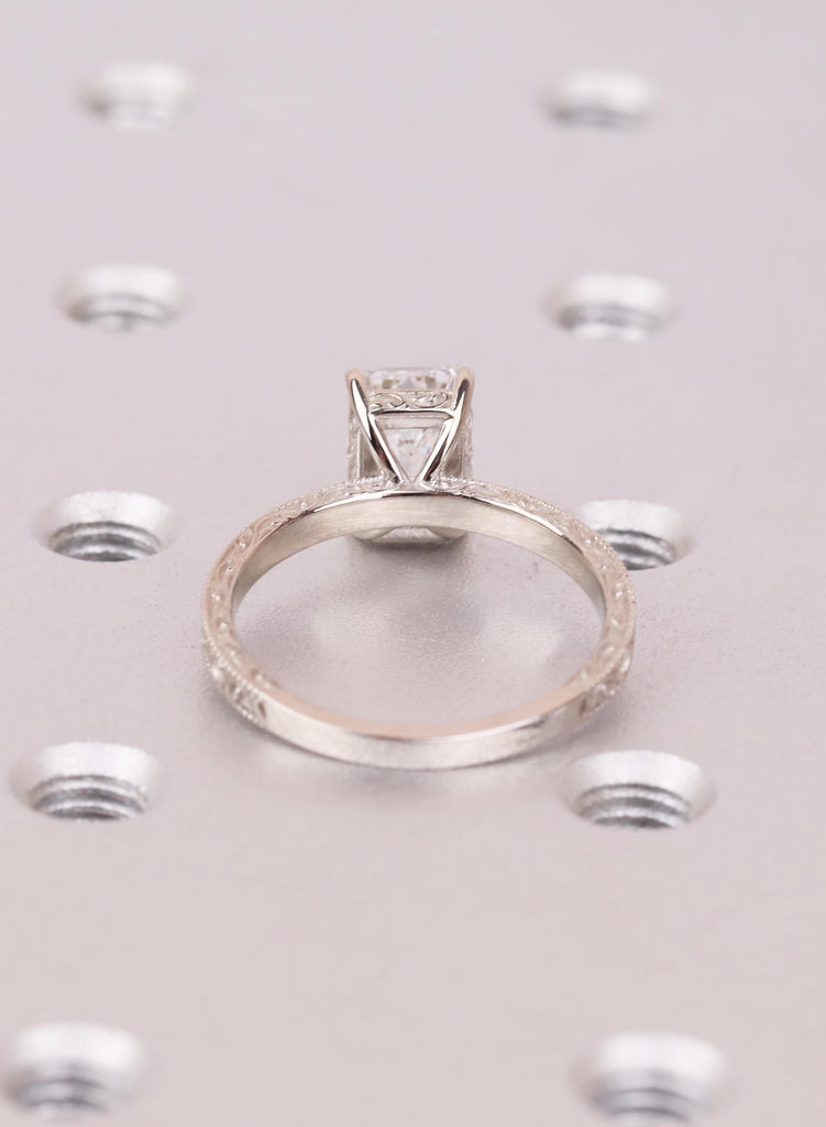 Art Deco Gold Moissanite Ring: Emerald Cut Bridal 14K Gold Engagement Ring, Filigree Wedding Band image #4
