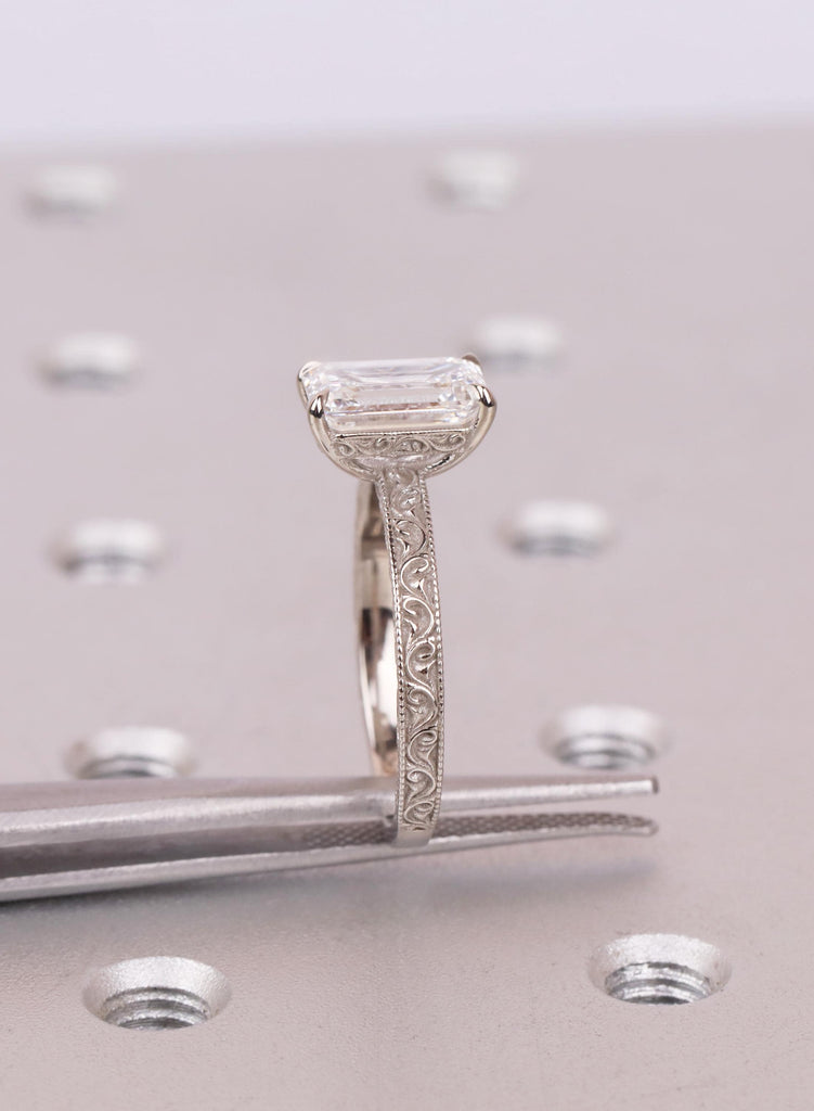 Art Deco Gold Moissanite Ring: Emerald Cut Bridal 14K Gold Engagement Ring, Filigree Wedding Band image #12