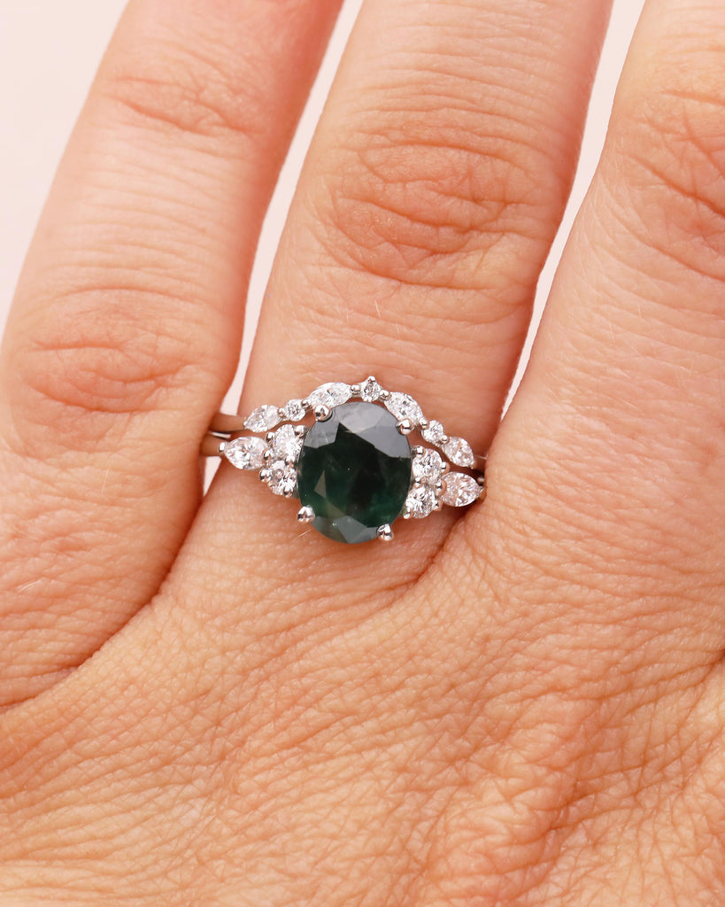 Oval Peacock Sapphire Ring Set