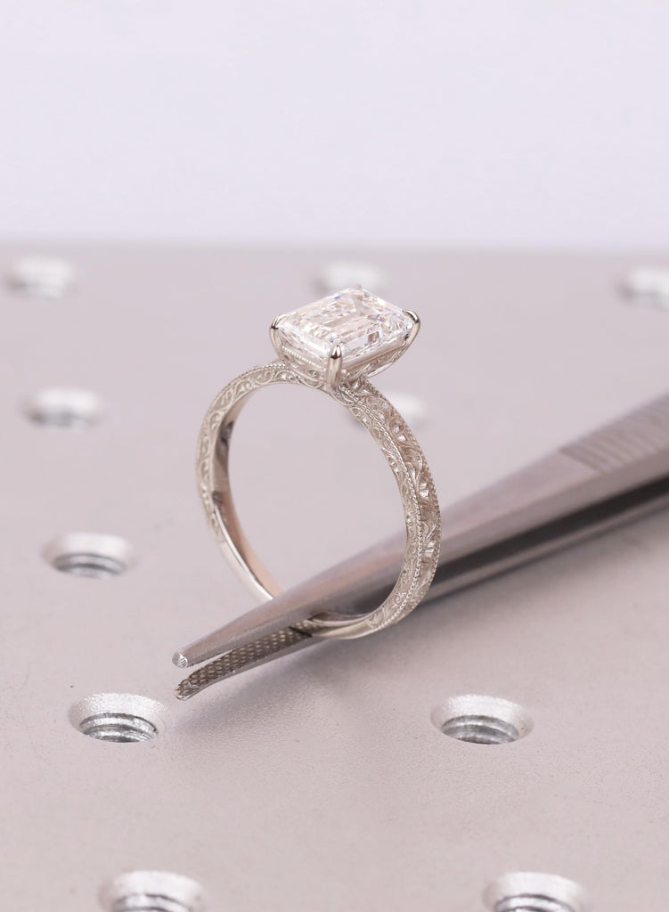 Filigree Vintage Engagement Ring: Certified Lab Created Diamond Ring, 14K White Gold, Emerald Cut Ring