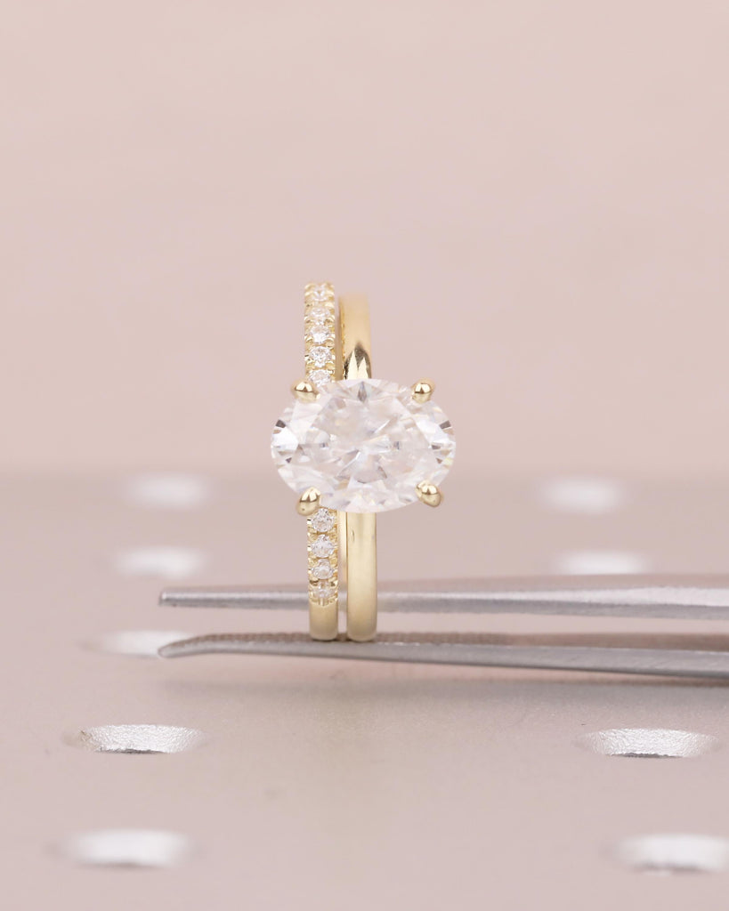 14k Gold Bridal Ring Set, Oval Engagement Ring, Moissanite Handmade Jewelry image #13