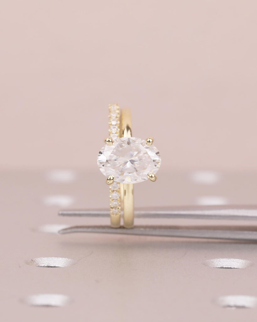 14k Gold Bridal Ring Set, Oval Engagement Ring, Moissanite Handmade Jewelry image #5