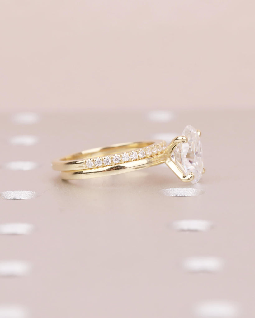 Oval Moissanite Engagement Ring, Solitaire 14k Yellow Gold Promise Ring Set with Pave Lab Diamond Matching Ring, Wedding Anniversary Ring image #4