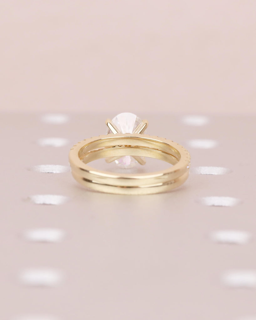 Oval Moissanite Engagement Ring, Solitaire 14k Yellow Gold Promise Ring Set with Pave Lab Diamond Matching Ring, Wedding Anniversary Ring image #6