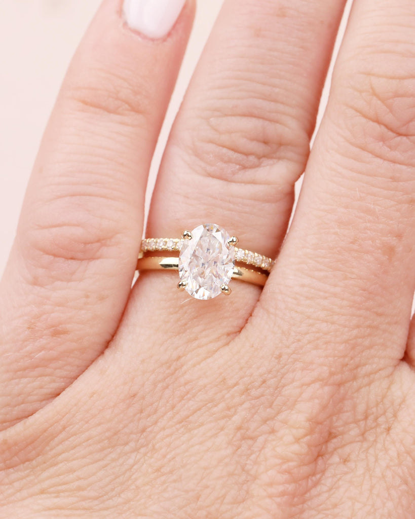 14k Gold Bridal Ring Set, Oval Engagement Ring, Moissanite Handmade Jewelry image #14