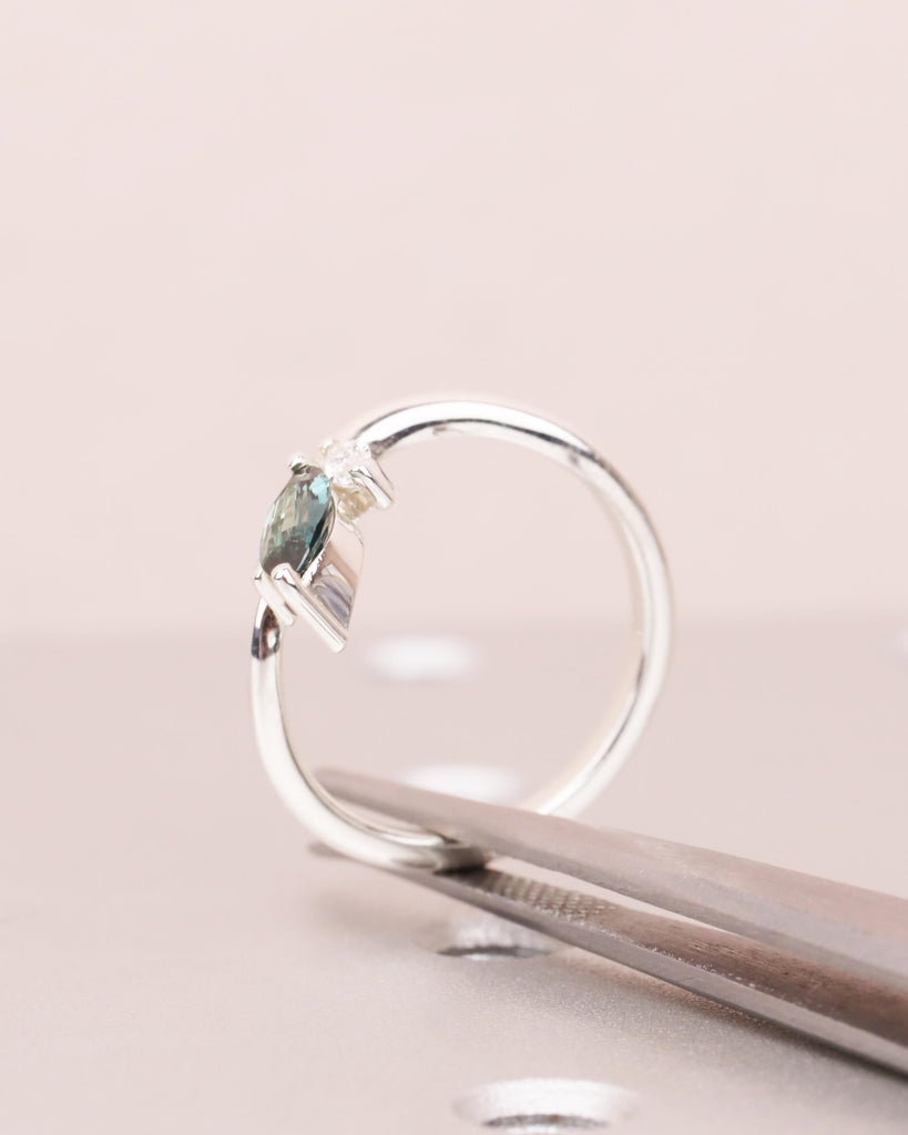 Marquise Teal Sapphire Engagement Ring in 925 Sterling Silver, 0.5ct Peacock Sapphire Promise Ring, Diamond/Moissanite Accents, Tapered Band image #8