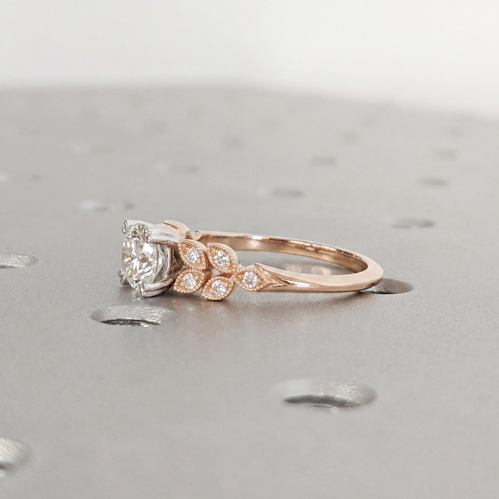 Victorian Two Tone Engagement Ring, Round Lab Grown Diamond set in Double Prongs, 14k Solid Gold, Art Deco Milgrain Bridal Ring image #3