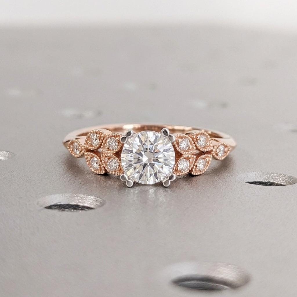 Victorian Two Tone Engagement Ring, Round Lab Grown Diamond set in Double Prongs, 14k Solid Gold, Art Deco Milgrain Bridal Ring image #2
