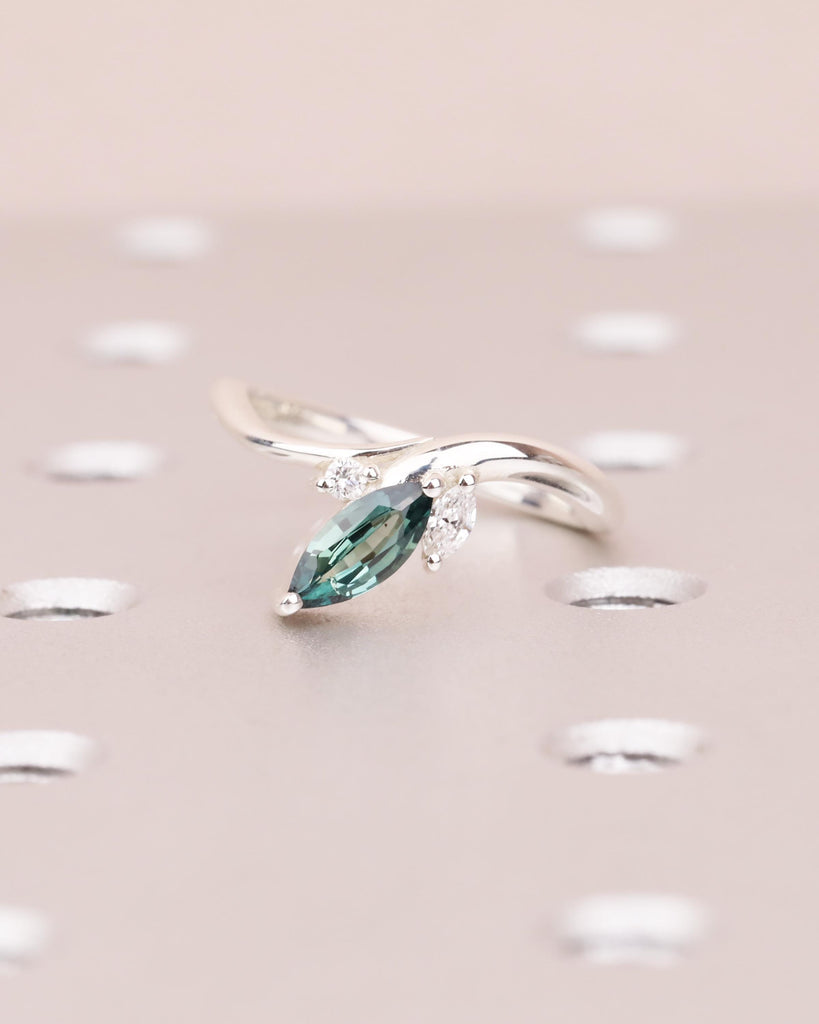 Marquise Teal Sapphire Engagement Ring in 925 Sterling Silver, 0.5ct Peacock Sapphire Promise Ring, Diamond/Moissanite Accents, Tapered Band
