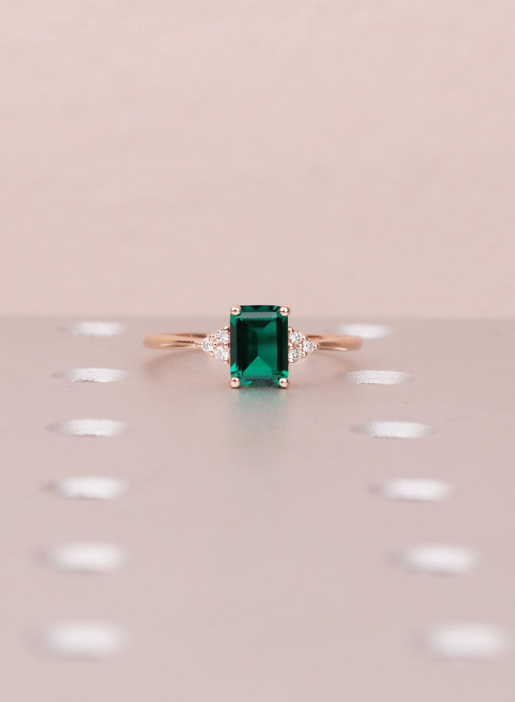 Emerald Cut Lab Created Emerald Ring, 14K 18K Rose Gold, Dainty Engagement Ring, May Birthstone Gift for Her, Diamond Accent Promise Ring image #2