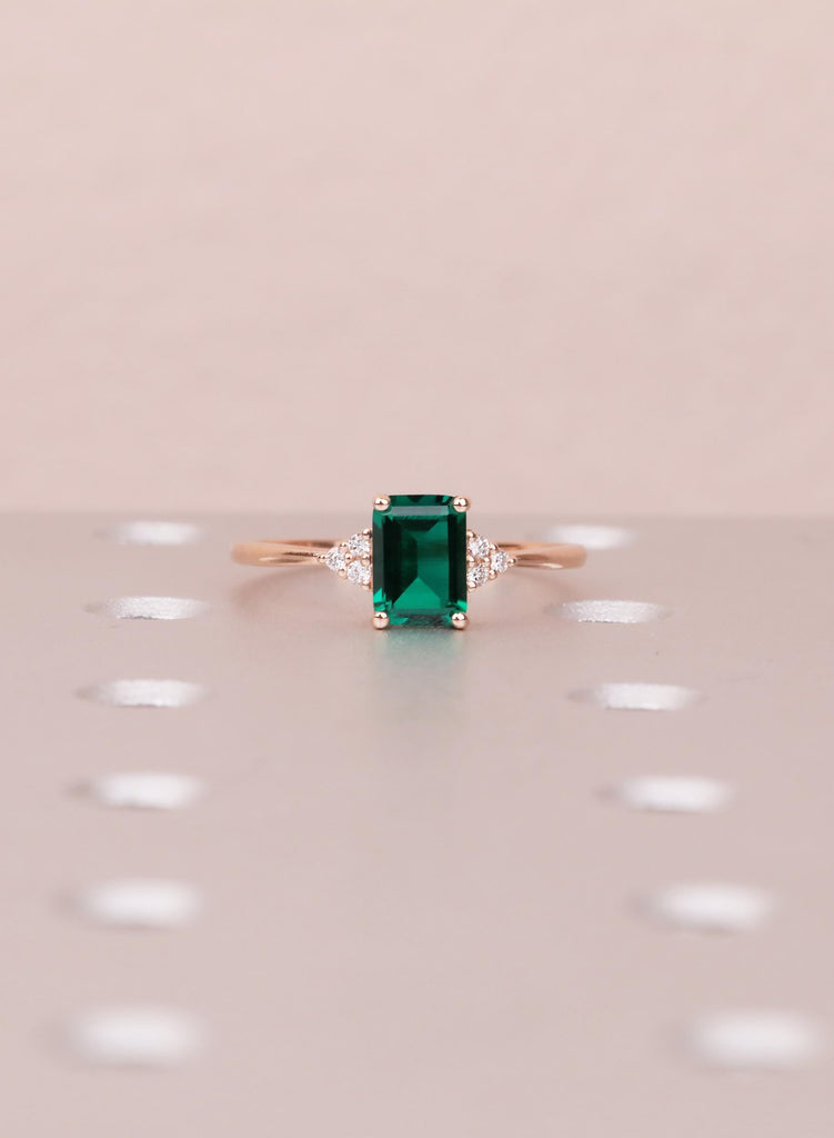 Rose Gold Emerald Cut Emerald Engagement Ring with Diamond Accents image #3
