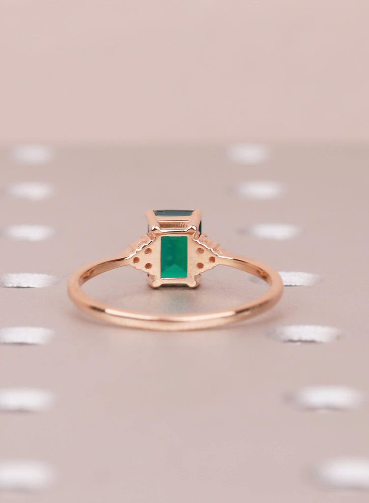 Emerald Cut Lab Created Emerald Ring, 14K 18K Rose Gold, Dainty Engagement Ring, May Birthstone Gift for Her, Diamond Accent Promise Ring image #6