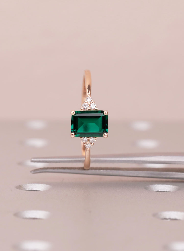 Rose Gold Emerald Cut Emerald Engagement Ring with Diamond Accents image #10