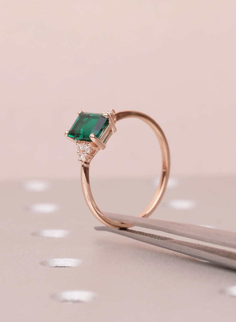 Rose Gold Emerald Cut Emerald Engagement Ring with Diamond Accents image #9