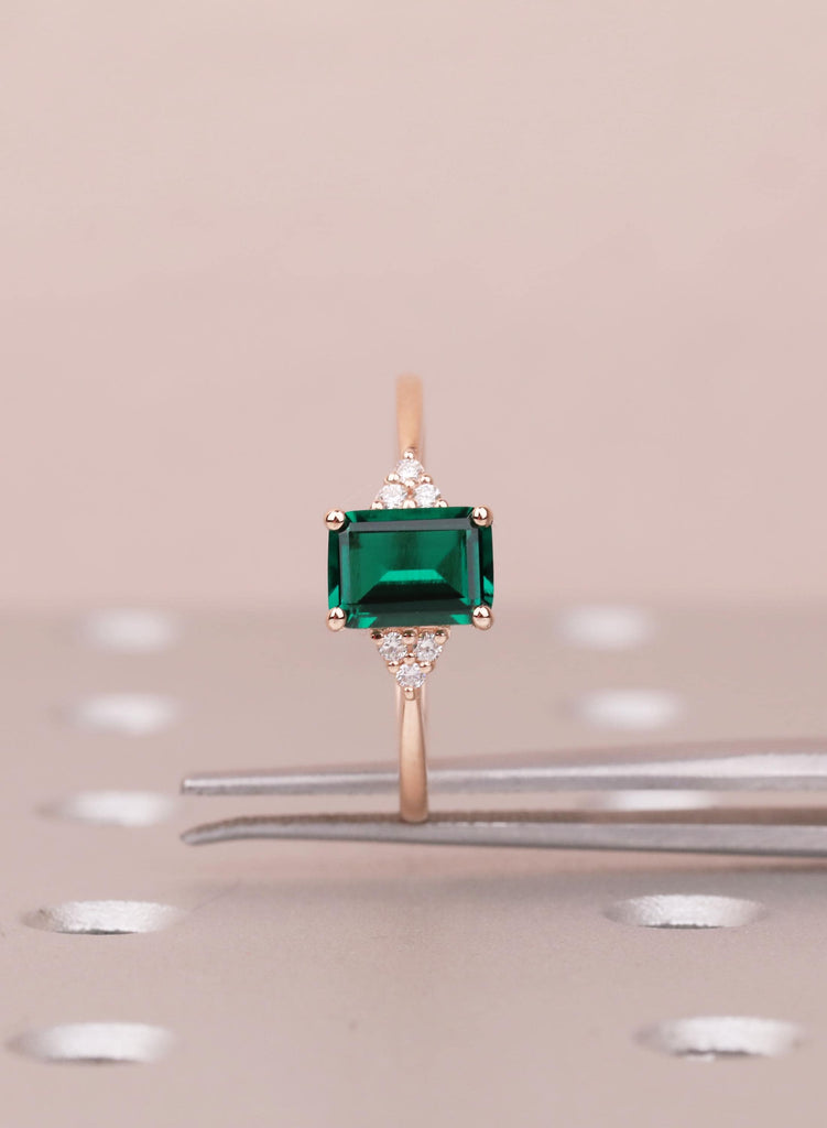 Emerald Cut Lab Created Emerald Ring, 14K 18K Rose Gold, Dainty Engagement Ring, May Birthstone Gift for Her, Diamond Accent Promise Ring image #10